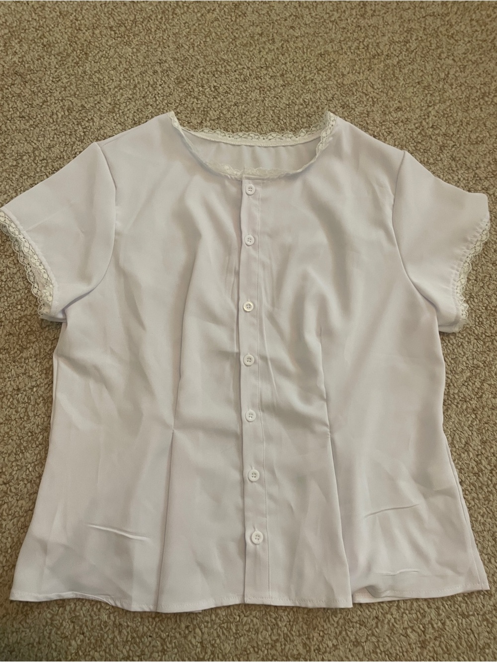 White Button-Front Lace Trim Blouse